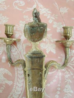 RARE PAIR ANTIQUE FRENCH EMPIRE CANDLE SCONCES WALL LIGHTS 19th Century bronze