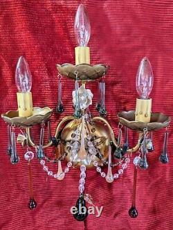 RARE Retired Pair of Schonbek Wall Sconces Raindrop Crystals Peach/Amber/Green