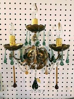 RARE Retired Pair of Schonbek Wall Sconces Raindrop Crystals Peach/Amber/Green
