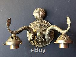 RARE Vintage SPAIN Metal DOLPHIN Fish Serpent BRASS LIGHTS Antique Sconce Wall