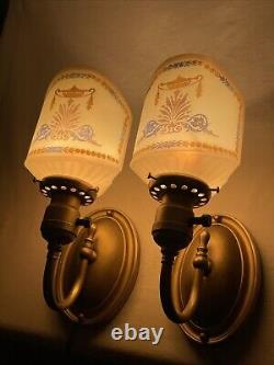 REWIRED Pair Antique Vtg Art Deco Glass Wall Sconces Hollywood Regency Gold Blue