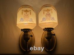 REWIRED Pair Antique Vtg Art Deco Glass Wall Sconces Hollywood Regency Gold Blue