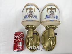 REWIRED Pair Antique Vtg Art Deco Glass Wall Sconces Hollywood Regency Gold Blue