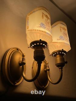 REWIRED Pair Antique Vtg Art Deco Glass Wall Sconces Hollywood Regency Gold Blue