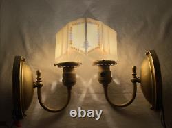 REWIRED Pair Antique Vtg Art Deco Glass Wall Sconces Hollywood Regency Gold Blue