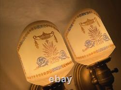 REWIRED Pair Antique Vtg Art Deco Glass Wall Sconces Hollywood Regency Gold Blue