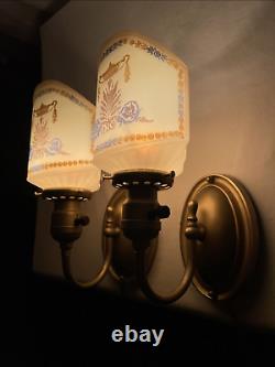 REWIRED Pair Antique Vtg Art Deco Glass Wall Sconces Hollywood Regency Gold Blue