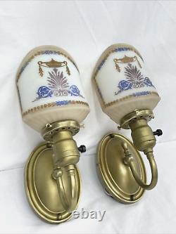 REWIRED Pair Antique Vtg Art Deco Glass Wall Sconces Hollywood Regency Gold Blue