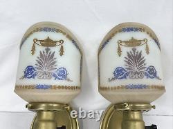 REWIRED Pair Antique Vtg Art Deco Glass Wall Sconces Hollywood Regency Gold Blue