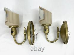 REWIRED Pair Antique Vtg Art Deco Glass Wall Sconces Hollywood Regency Gold Blue