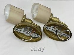 REWIRED Pair Antique Vtg Art Deco Glass Wall Sconces Hollywood Regency Gold Blue