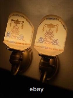 REWIRED Pair Antique Vtg Art Deco Glass Wall Sconces Hollywood Regency Gold Blue