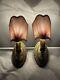 REWIRED Pair Brass Antique Vtg Art Deco Victorian Wall Sconces Pink Lamp Shades