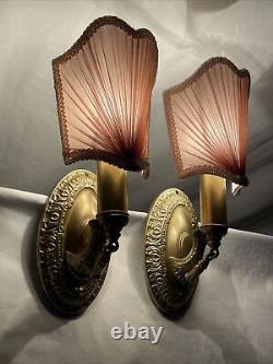 REWIRED Pair Brass Antique Vtg Art Deco Victorian Wall Sconces Pink Lamp Shades