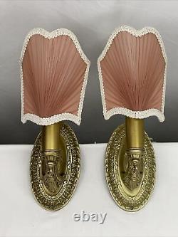 REWIRED Pair Brass Antique Vtg Art Deco Victorian Wall Sconces Pink Lamp Shades