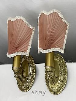 REWIRED Pair Brass Antique Vtg Art Deco Victorian Wall Sconces Pink Lamp Shades