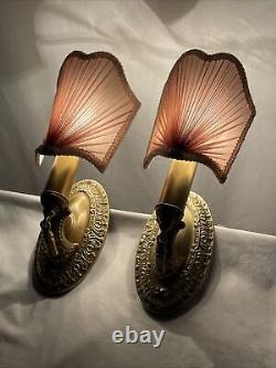 REWIRED Pair Brass Antique Vtg Art Deco Victorian Wall Sconces Pink Lamp Shades