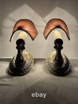 REWIRED Pair Brass Antique Vtg Art Deco Victorian Wall Sconces Pink Lamp Shades