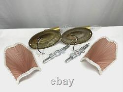 REWIRED Pair Brass Antique Vtg Art Deco Victorian Wall Sconces Pink Lamp Shades