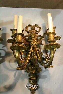 Rare Pair Figural 4 Arms Brass Wall Sconce Light Fixture With Winged Women