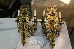 Rare Pair Figural 4 Arms Brass Wall Sconce Light Fixture With Winged Women