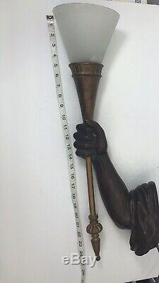 Rare Pair Hand Carved Sconces Torch Castle Statues Wall Art Lamp /Light