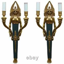 Rare Pair Of Empire Style Figural Two Branch Wall Appliques Sconces Gilt Bronze