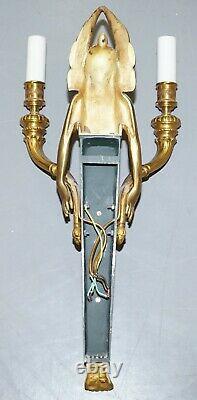 Rare Pair Of Empire Style Figural Two Branch Wall Appliques Sconces Gilt Bronze