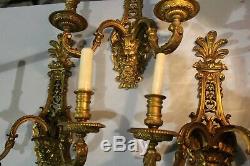 Rare Set Of 3 Figural 2 Arms Brass Wall Sconce Light Fixture With Bacchus Face