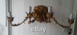Rare Vntg Italian Gold Tole Florentine 4Arm Electric Wall Sconce Lamp Candelabra
