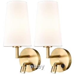 SAMTEEN Brass Wall Sconces Set of Two Modern Fabric Shade Wall Lamp with USB