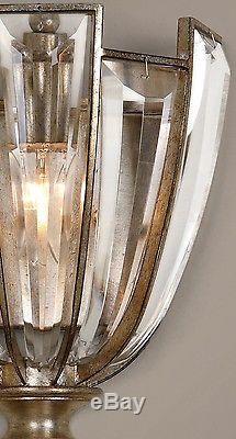 Set 2 Modern Wall Sconce Antique Silver & Crystal Light Fixture Pair Art Deco