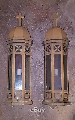 SET of (2) LARGE GOTHIC COPPER EXTERIOR WALL SCONCES CATHOLIC CHURCH BUILT 1909