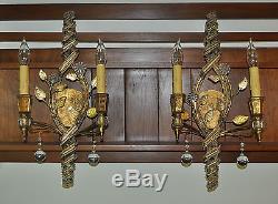 SPECTACULAR FRENCH CRYSTAL and IRON BEADED / FLORAL WALL SCONCES 1930s REWIRED