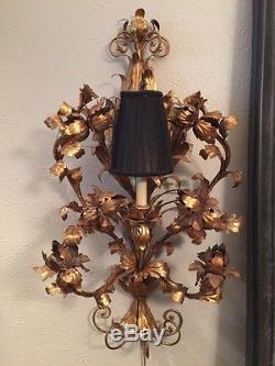 Stunning Pair Italian Gilt Tole Wheat Flowers Sconce Wall Lamps Hollywood