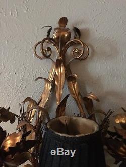 Stunning Pair Italian Gilt Tole Wheat Flowers Sconce Wall Lamps Hollywood