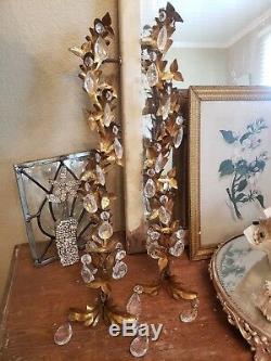 STUNNING Pair Vintage Italian Gold Gilt & Crystal Candle Wall Sconces withTags