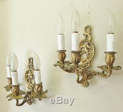 SUPERB PAIR ANTIQUE FRENCH SCONCES WALL LIGHTS THREE ARMS BRONZE 19thC SUNFLOWER