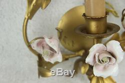 Set 3 Vintage French metal gold gilt porcelain roses flowers sconces wall lights