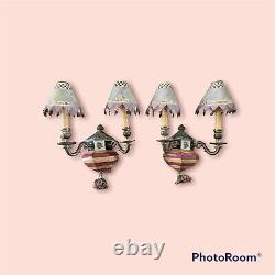 Set Of 2 MacKenzie-Childs Torquay Frank Mustard Wall Sconces Courtly Check Print