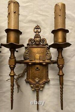 Set Of (3) Antique Victorian double electric candle patinated wall sconce