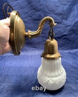 Set Of 4 Four Antique Brass Wall Sconces Newly Rewired Milk White Shades 50D