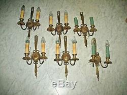 Set Six Very Large Solid Cast Brass Wall Sconce Vintage Two Arm Working