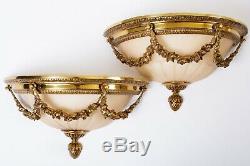 Set of 2 Antique French Art Deco Wall Sconces Gold & Frosted Pink Glass 13.5 W