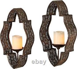 Set of 2 Bronze Metal Wall Sconce Ornate Medallion Open Candle Holder Home Decor