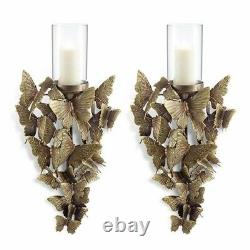 Set of 2 Wall Sconces with Gold Aluminum Butterflies and Glass Candle Holders
