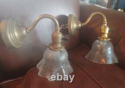 Set of 2 antique BRASS wall sconces- Frosted Etched Shades -Hubbell shade holder