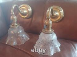 Set of 2 antique BRASS wall sconces- Frosted Etched Shades -Hubbell shade holder