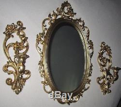 Set of 3=Ornate Retro Syroco Gold Wall Mirror 2314 & Homco Candle Sconces 4118