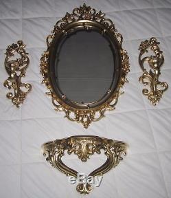 Set of 4=Homco Syroco Ornate Victorian Gold Wall Mirror Candle Sconces & Shelf